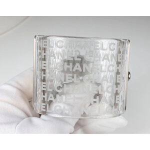 Chanel Logo Hinged Cuff Bracelet Clear Resin With Etched Letters Authentic